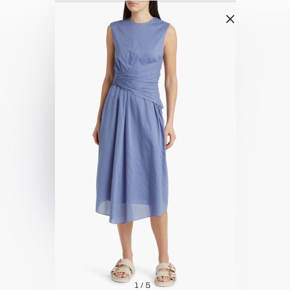 Frame Ruched Sleeveless Cotton Midi Dress, Blue, XS